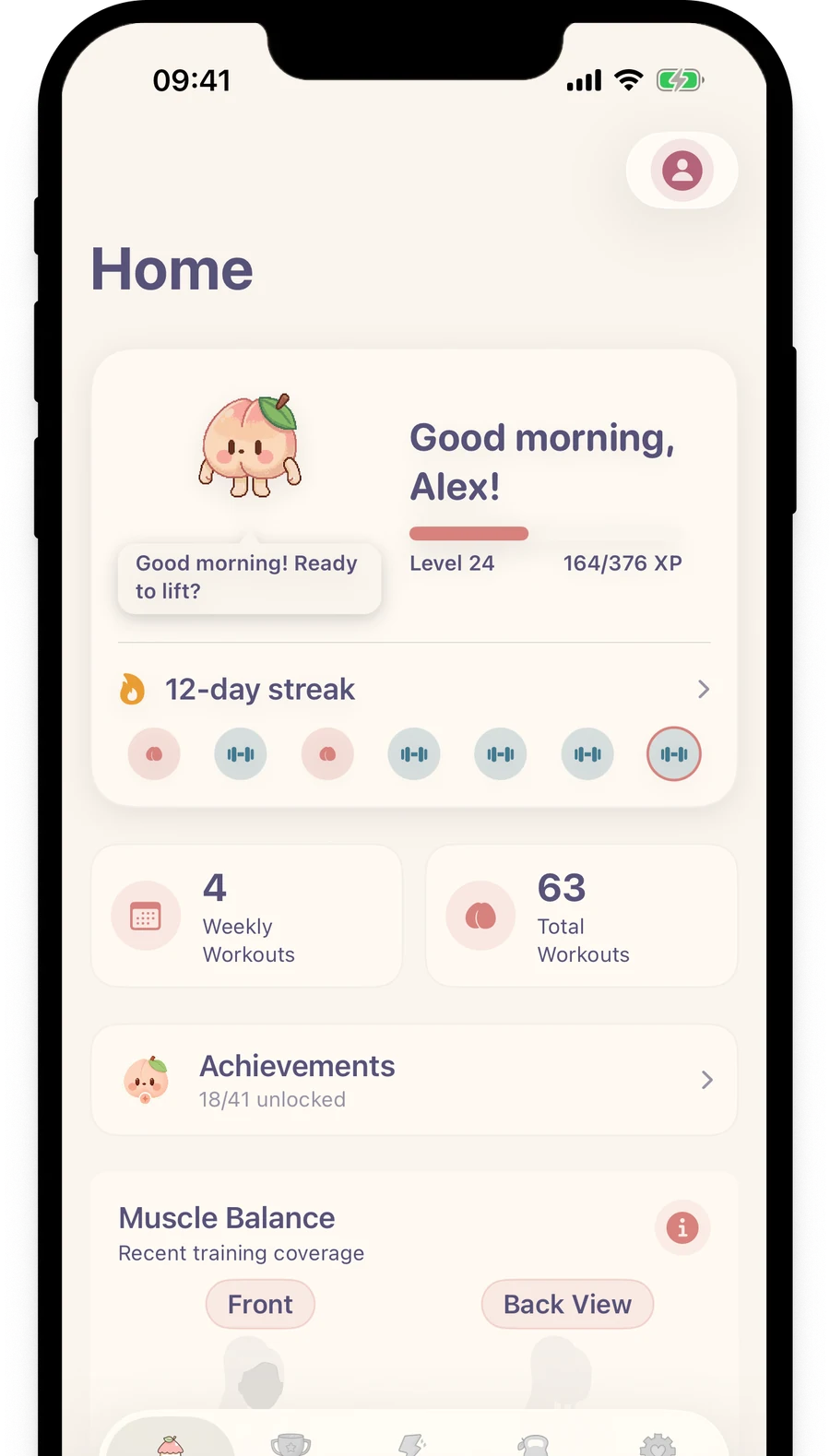 Cute Lifts home dashboard showing Peachy, a 12-day training streak and muscle balance