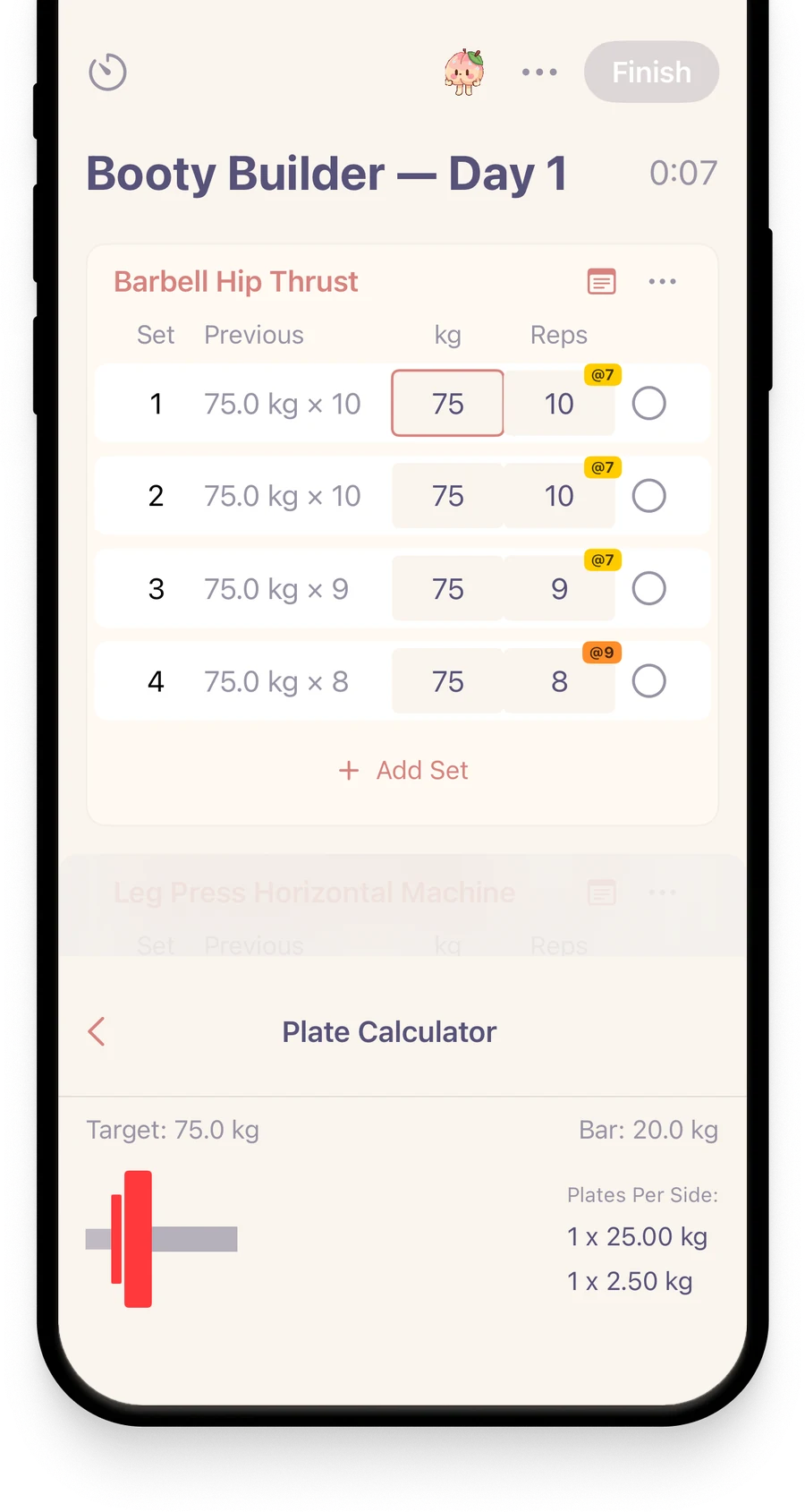 Cute Lifts logging a Barbell Hip Thrust workout with RPE labels and a plate calculator