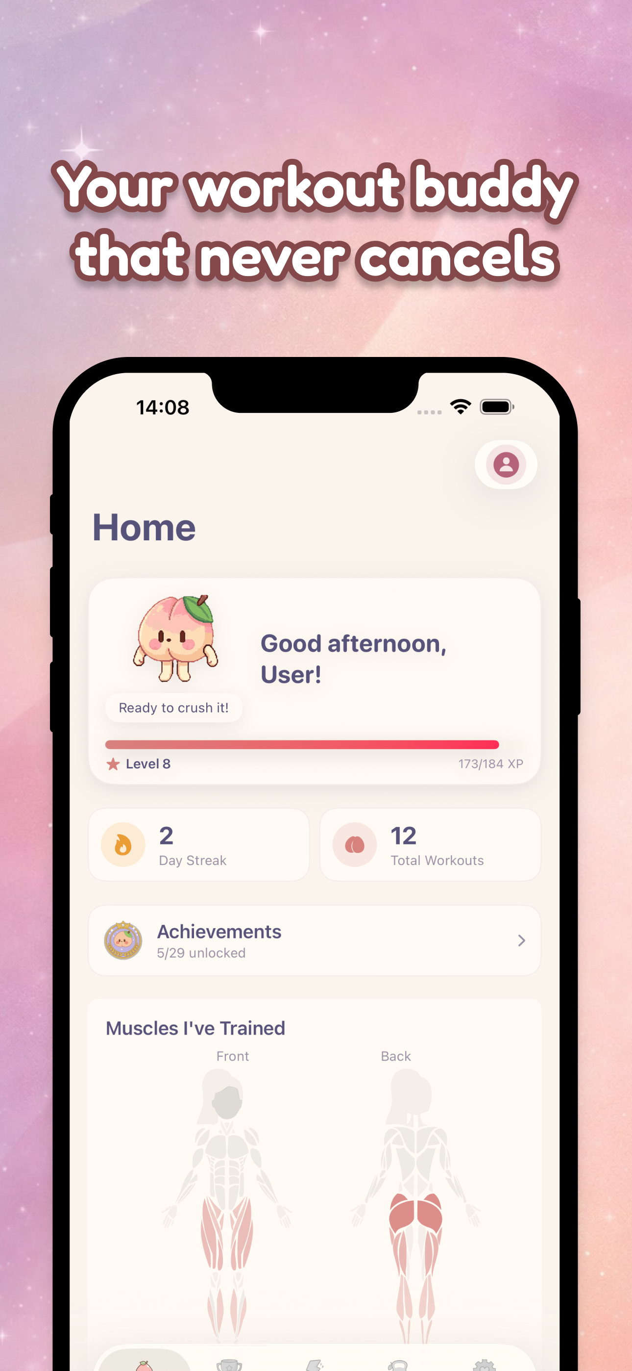 Cute Lifts Home Screen showing XP, streaks, and Peachy