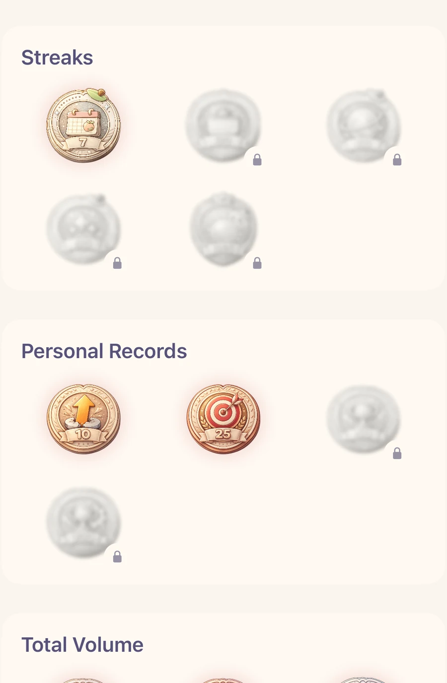 Cute Lifts achievements case showing earned and locked streak, personal record and volume medallions